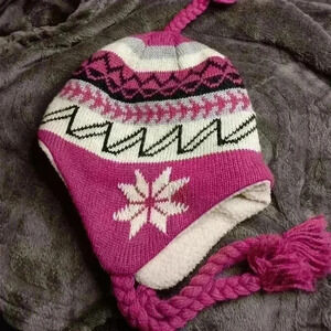 Snowflake Warm Gray Pink White Black Wool Stylish Knit Winter Hat with Ear Flaps